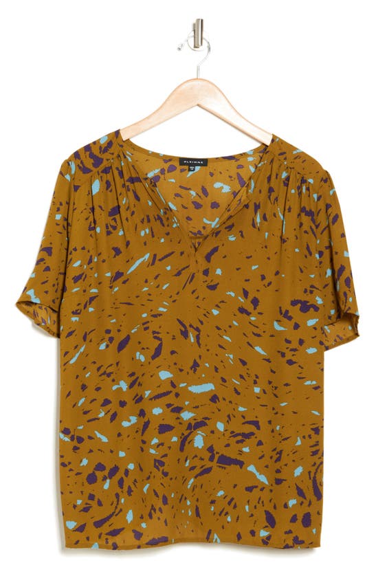 Pleione Stripe Short Sleeve High-low Tunic Top In Olive Turq Navy Splotch