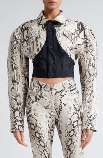 Mugler Snake Cropped Panelled Denim Jacket In Warped Snake Roccia