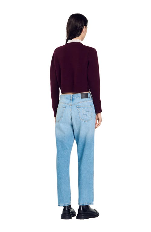 Shop Sandro Knit Cardigan With Ruffled Collar In Bordeaux