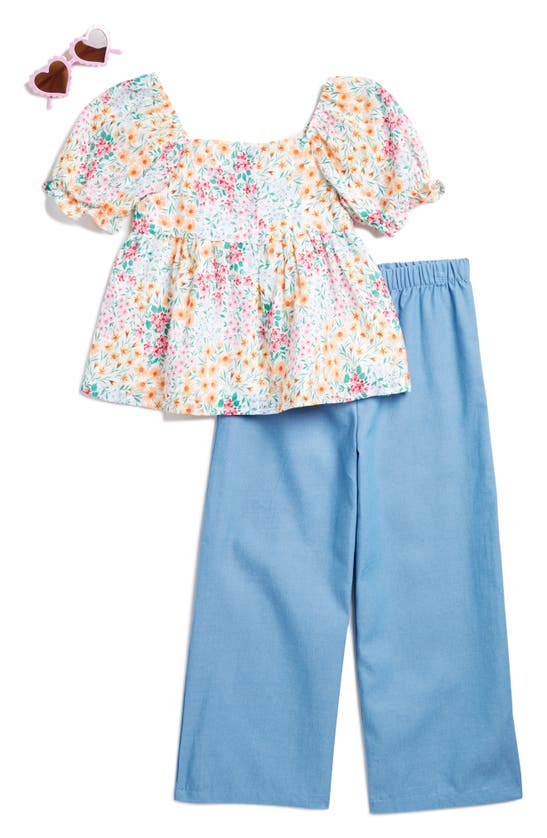 Btween Kids' Puff Sleeve Top, Pull-on Pants & Sunglasses Set In Blue