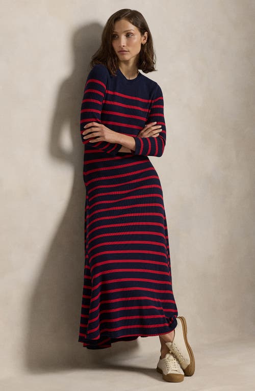 Shop Polo Ralph Lauren Stripe Waffle Stitch Maxi Sweater Dress In Hunter Navy/polo Sport Red