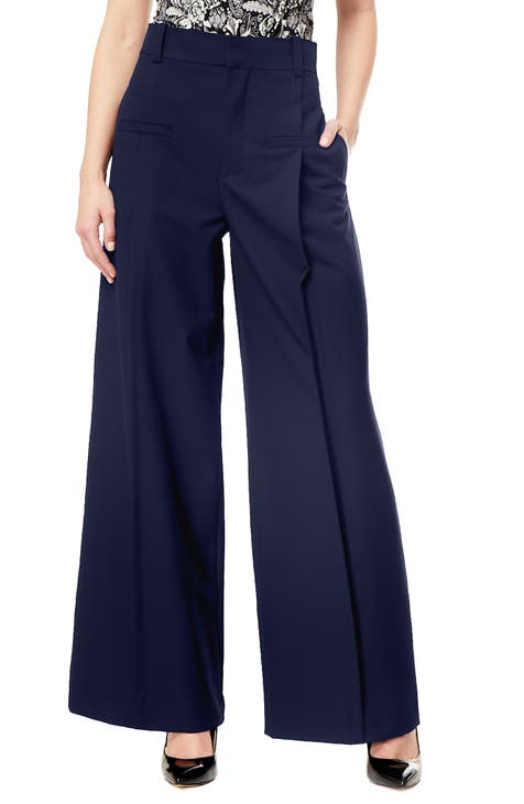 Women High Waisted Wide Leg Pants Casual Drawstring Elastic Trousers Comfy  Straight Leg Long Pants for (Dark Blue, XL)