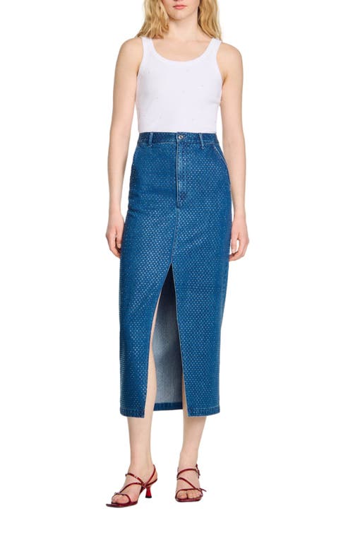 Shop Sandro Rhinestone Denim Maxi Skirt In Blue Jean