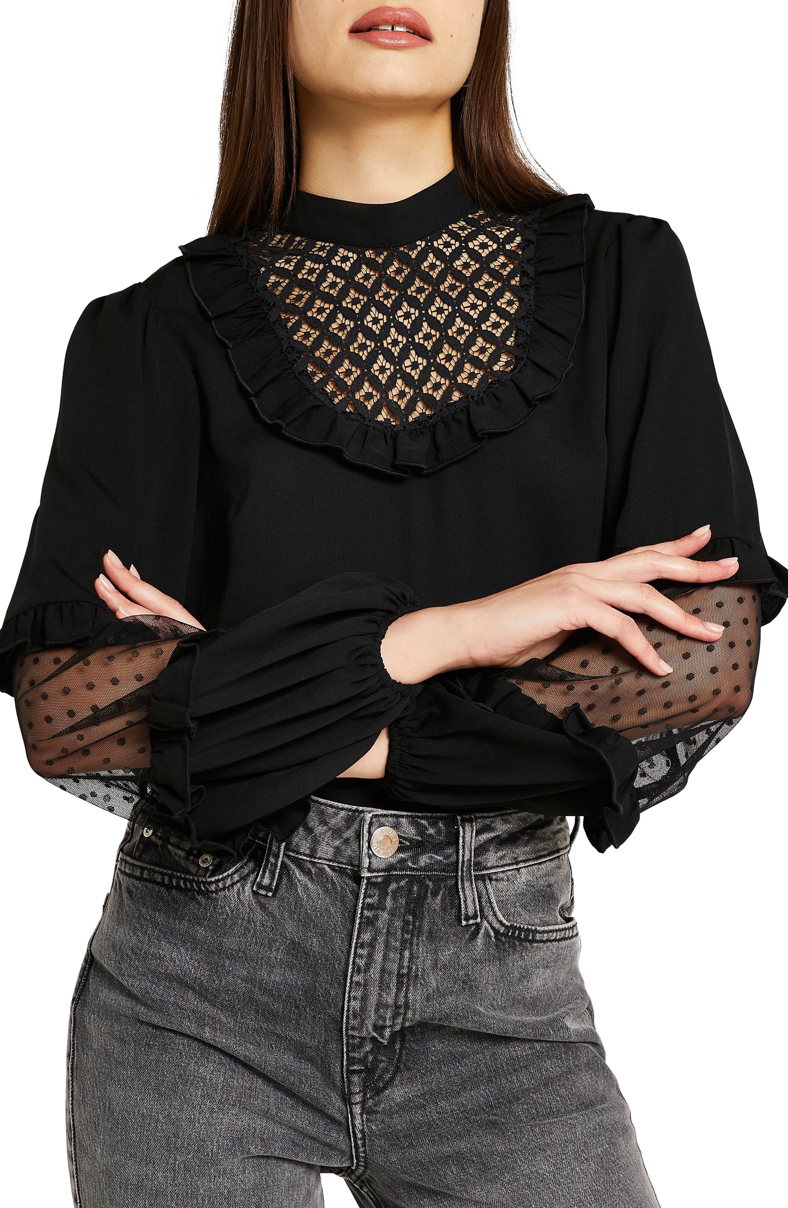 UPC 077838000090 product image for River Island Lace Bib Blouse in Black at Nordstrom, Size 2 Us | upcitemdb.com