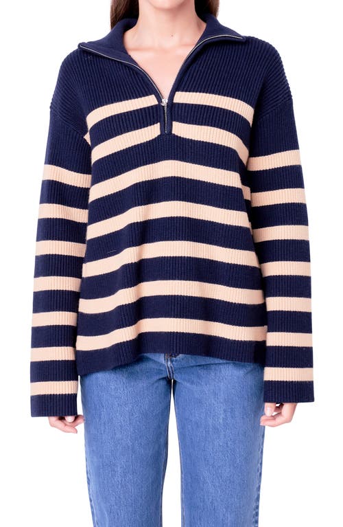 English Factory Stripe Half Zip Sweater in Navy/Camel at Nordstrom, Size X-Small