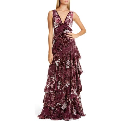 Marchesa Notte Floral Tiered Velvet Gown, Burgundy