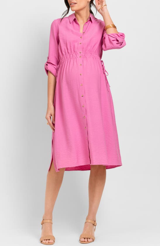 Shop Seraphine Long Sleeve Maternity Shirtdress In Pink