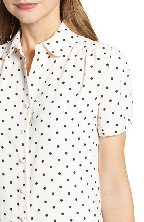 Shop Anne Klein Dot Print Collared Short Sleeve Blouse In Anne White/anne Black