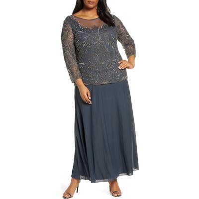 Plus Size Pisarro Nights Mock Two-Piece Beaded Bodice Gown, Blue