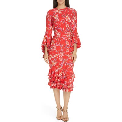 Amur Carole Ruffle Trim Midi Dress, Red