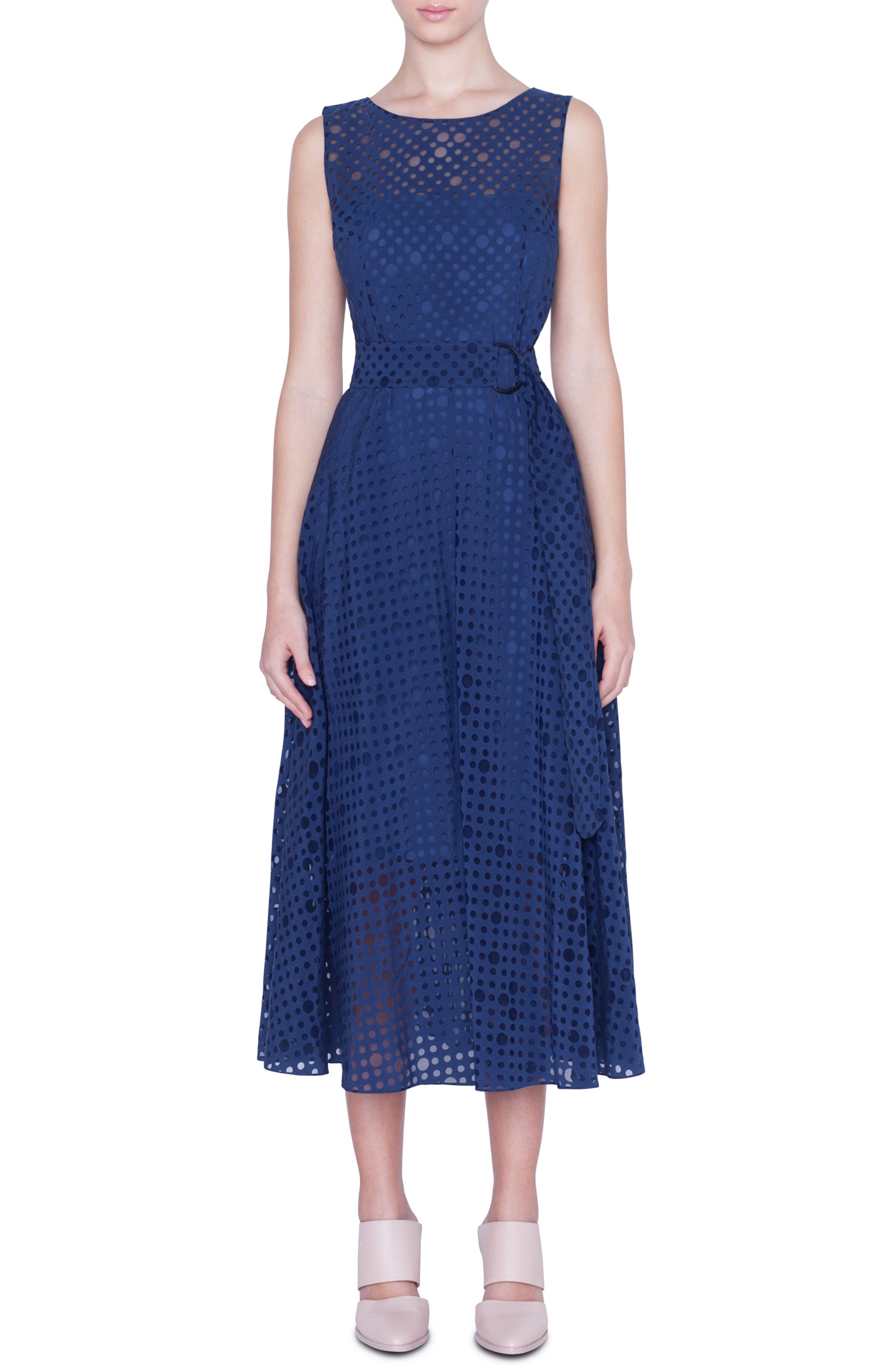 Akris Punto Belted Dot Organza Midi Dress, Blue