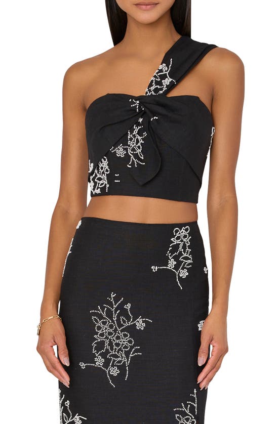 Shop Milly Beaded Embroidery One-shoulder Crop Top In Black