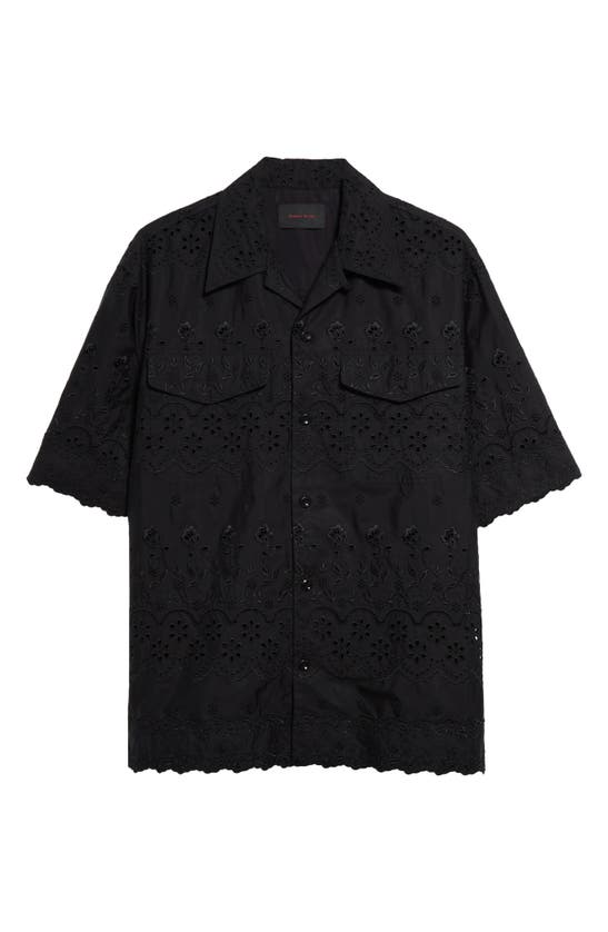 Simone Rocha Relaxed Fit Cotton Eyelet Camp Shirt In Black/ Black