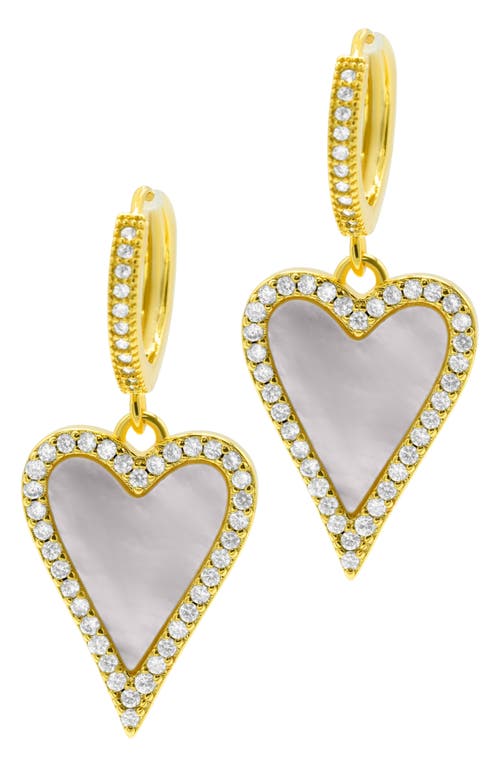 Adornia 14k Gold Plated White Mother-of-pearl Crystal Halo Heart Drop Huggie Earrings In Gold/white