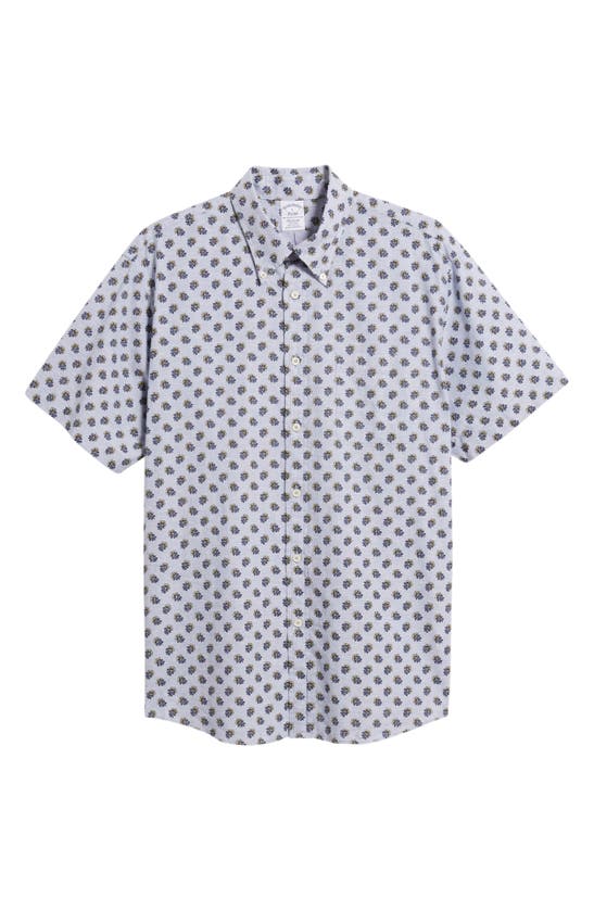 Shop Brooks Brothers Neat Floral Short Sleeve Linen & Cotton Button-down Shirt In Chambray