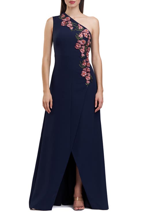 Shop Kay Unger Nadine Floral Embroidered One-shoulder Gown In Midnight