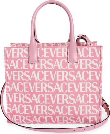 Pink Small logo-jacquard canvas tote bag, Versace