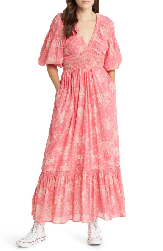 Free People Golden Hour Smocked Bodice Cotton Maxi Dress In Electropop Pink Combo
