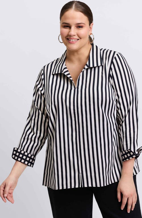 Shop Foxcroft Agnes Stripe Long Sleeve Cotton Sateen Top In Black/white