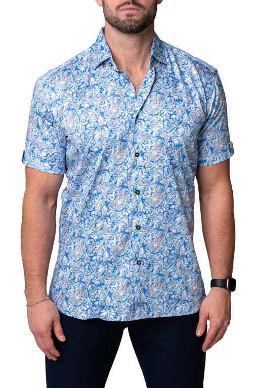 Maceoo Galileo Paisley Short Sleeve Contemporary Fit Button-Up Shirt in Blue