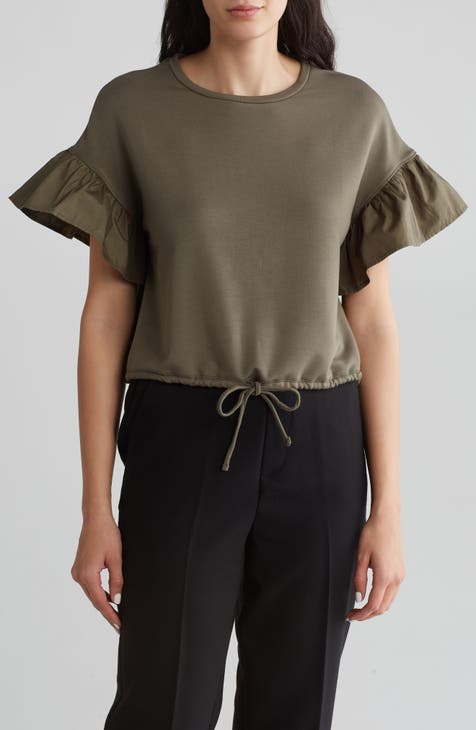 Flutter Sleeve Drawstring Hem T-Shirt