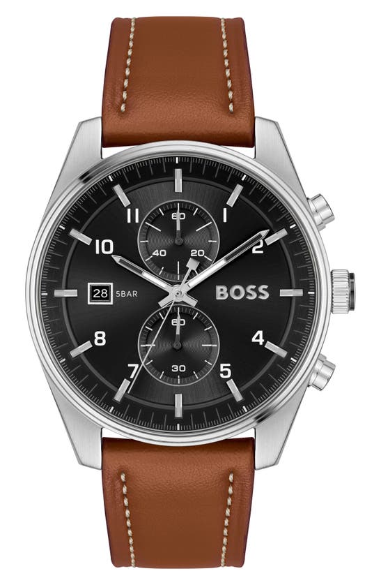Shop Hugo Boss Skytraveller Chronograph Leather Strap Watch, 41mm In Black