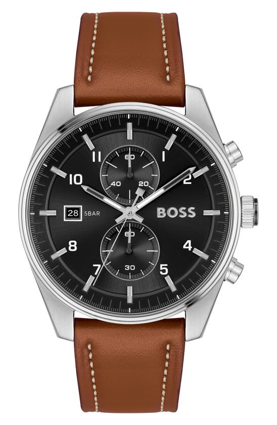 Hugo Boss Men's Skytraveller Quartz Fashion Chrono Brown Leather Watch 44mm In Black