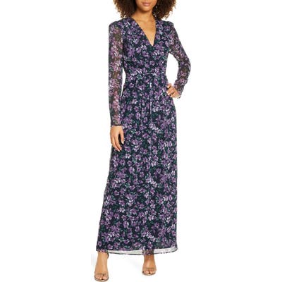 Wayf Celeste Floral Pleated Long Sleeve Gown, Purple