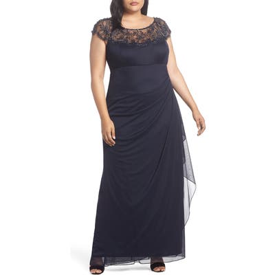 Plus Size Xscape Ruched Side Beaded Gown, Blue