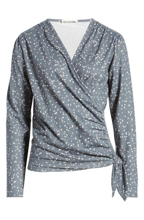 Loveappella Dot Print Faux Tie Wrap Top In Teal/ Nat