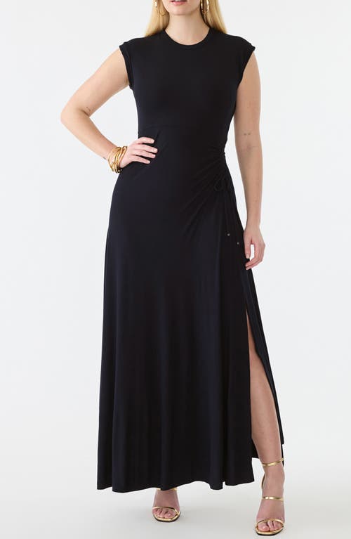 Drawstring Ruched Maxi Dress in Black Beauty