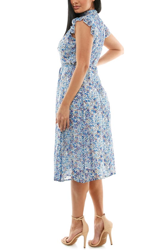 Nina Leonard Smock Chiffon Midi Dress In Blue Multi