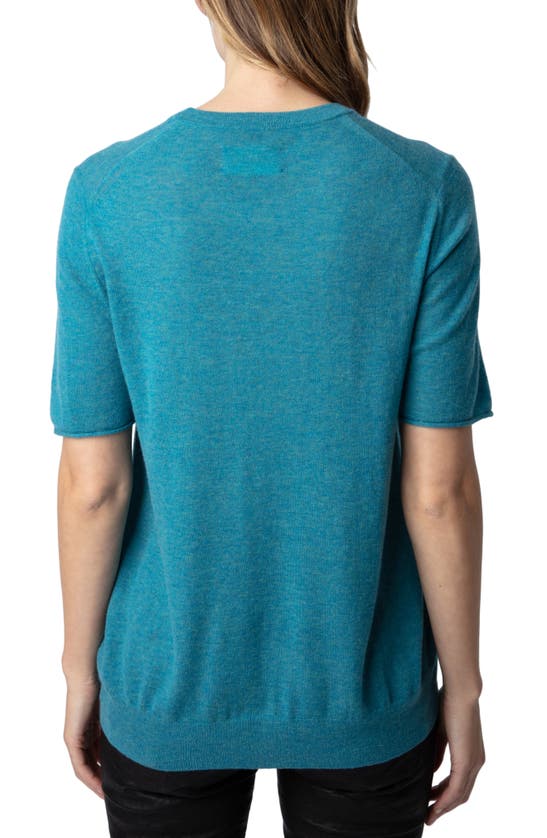 Shop Zadig & Voltaire Mon Amour Embellished Short Sleeve Cashmere Sweater In Aqua