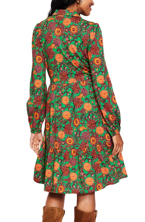 Shop Boden Floral Long Sleeve Tiered Shirtdress In Rich Emerald Ornate Bud