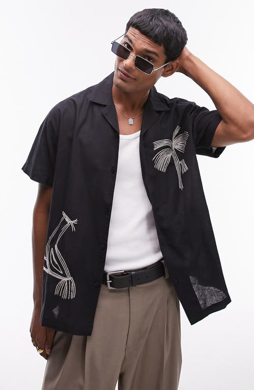 Topman Embroidered Palm Camp Shirt Black at Nordstrom,