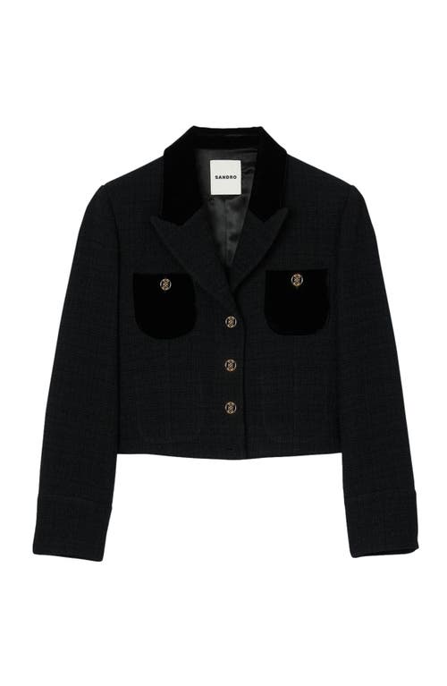 Shop Sandro Velvet Tweed Cropped Jacket In Black