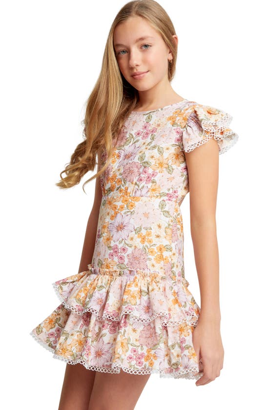 Shop Bardot Junior Kids' Floral Open Back Tiered Minidress In Garland