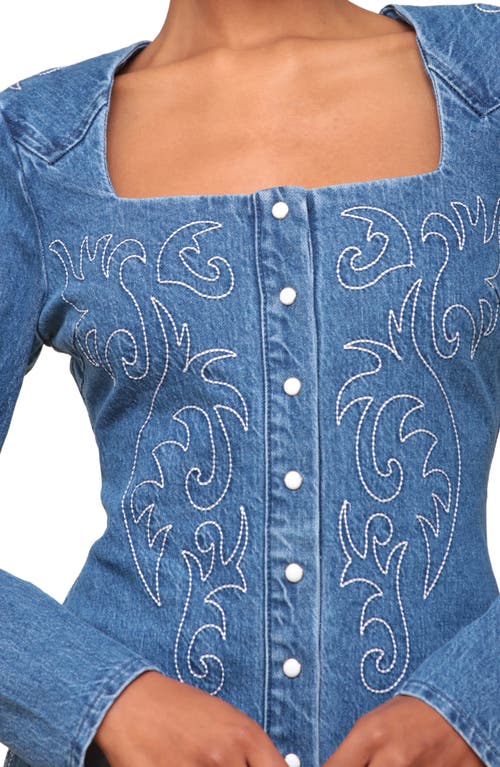 Shop Avec Les Filles Western Embroidered Long Sleeve Denim Minidress In Provence Wash