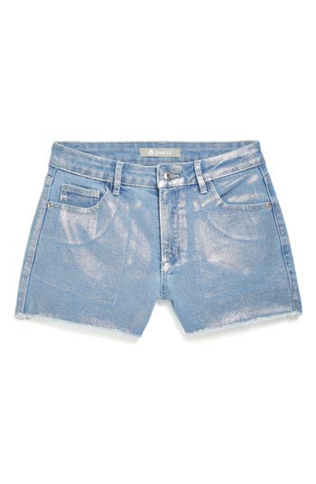 Tractr Kids' Metallic Foil Raw Hem Denim Shorts In Blue