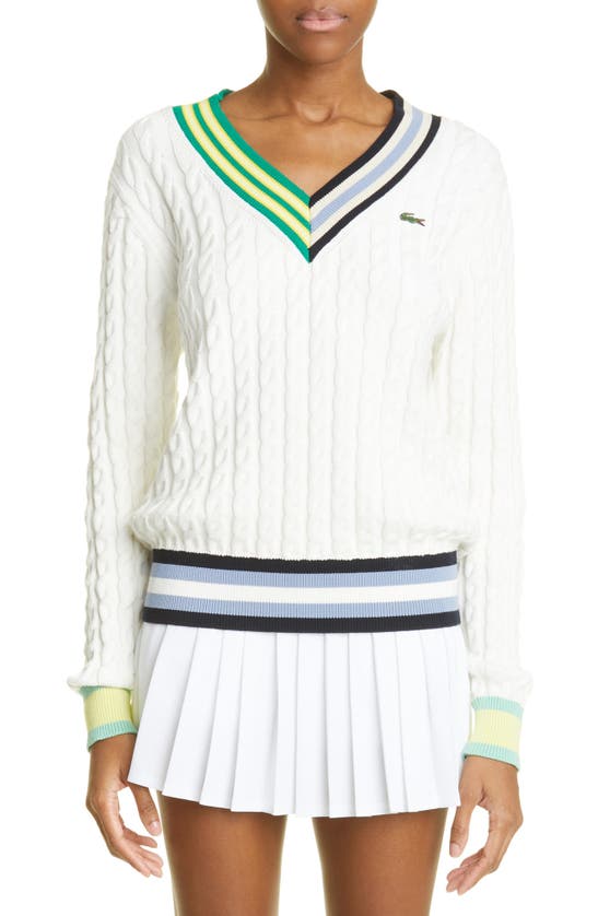 Aktiver sammenbrud kollidere Lacoste V-neck Cable Knit Sweater In Flour/ Multicolor | ModeSens