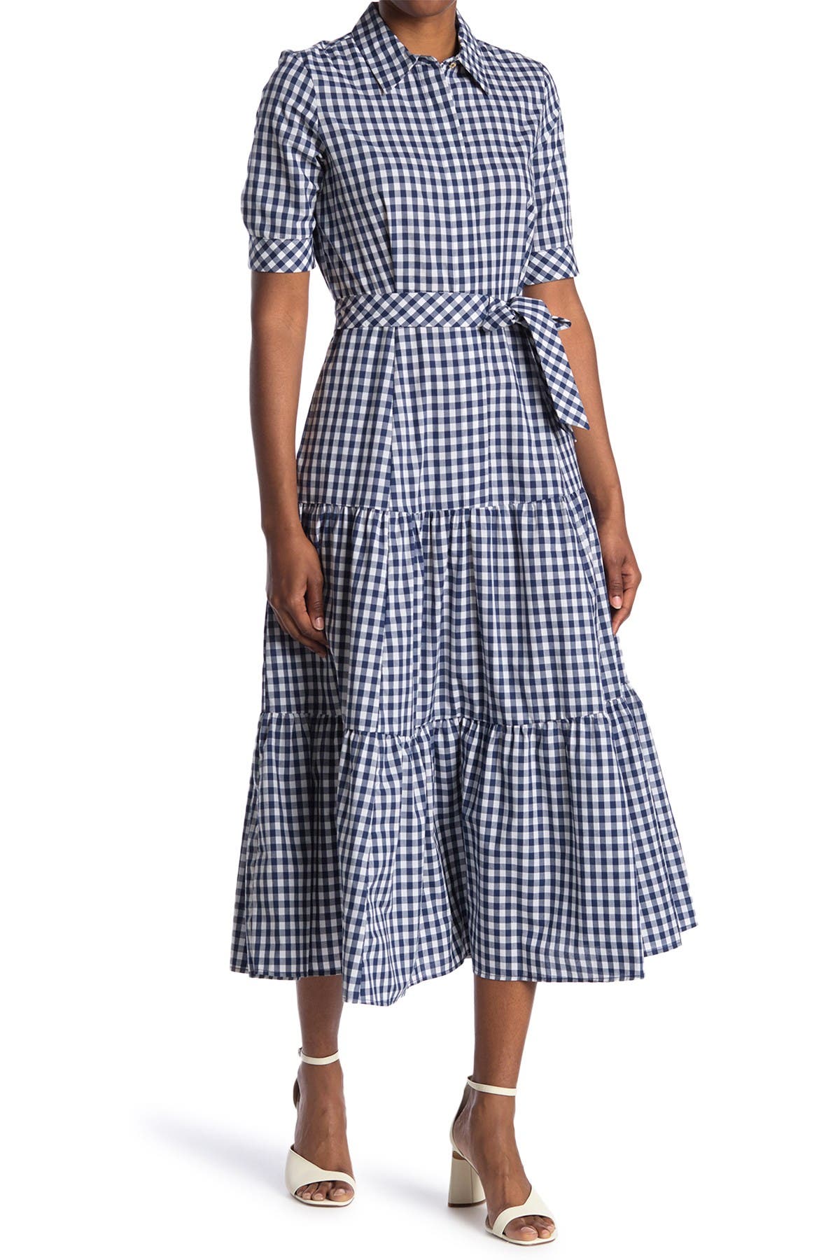 Calvin Klein Gingham Tiered Maxi Shirt Dress In Indigo/wht | ModeSens