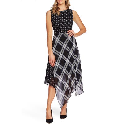 Vince Camuto Pattern Mix Sleeveless Handkerchief Hem Dress, Black