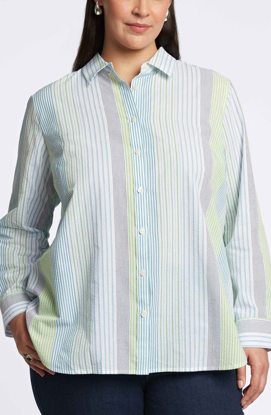 Shop Foxcroft Relaxed Variegated Stripe Seersucker Button-up Shirt In Blue Multi