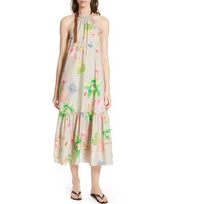 Tibi Linnea Floral Print Poplin Halter Midi Dress, Beige