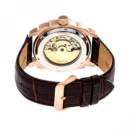 Heritor Automatic Helmsley Semi-skeleton Leather-band Watch In Rose Gold/white