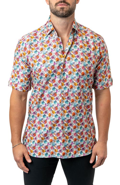 Maceoo Galileo Floral Skull 12 White Contemporary Fit Short Sleeve Button-Up Shirt at