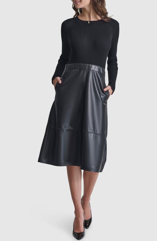 Shop Dkny Long Sleeve Rib & Faux Leather Dress In Black