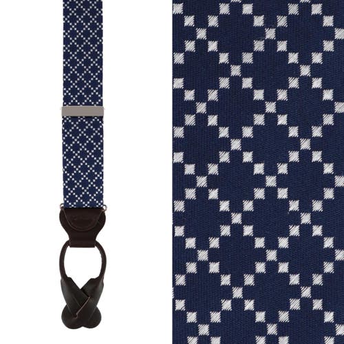 Trafalgar Rowan Geometric Pattern Silk Button End Suspenders In Navy