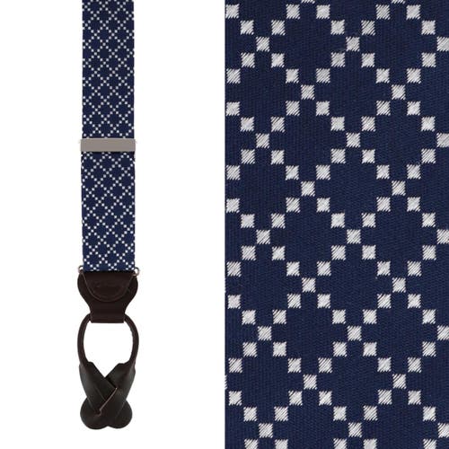 Trafalgar Rowan Geometric Pattern Silk Button End Suspenders In Blue