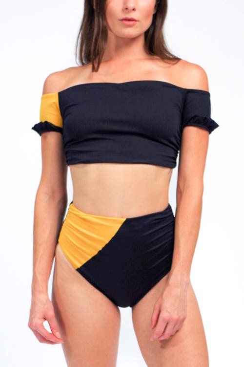 Mary Mercedes Cali Super High Waisted Color-blocked Bikini Bottom In Black And Mustard Yellow